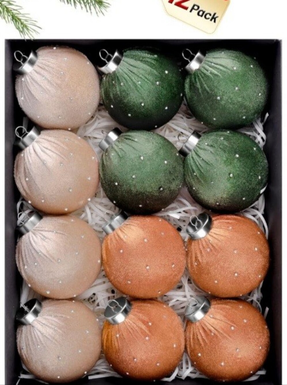 Velvet Christmas Ornament Set - Green, Rose Gold & Copper - 12 Pack. NWT.